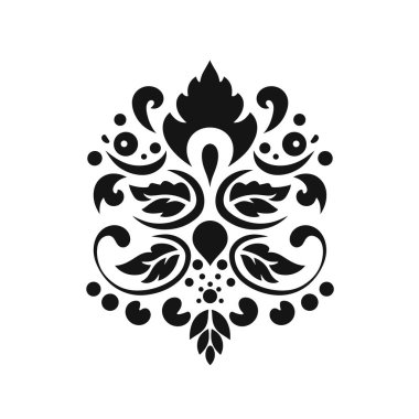 Bu dekoratif bir çiçek deseni. Tasarım siyah yapraklar, noktalar ve kıvrımlı şekiller içerir, beyaz bir zemin üzerine kurulur..