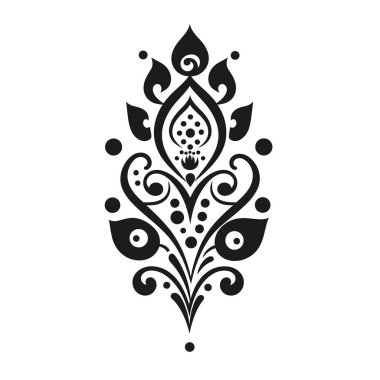 Dekoratif siyah desende çiçek ve girdap elementleri var. Beyaz bir arkaplanda sunuluyor ve bir tasarım olarak kullanılabilir..