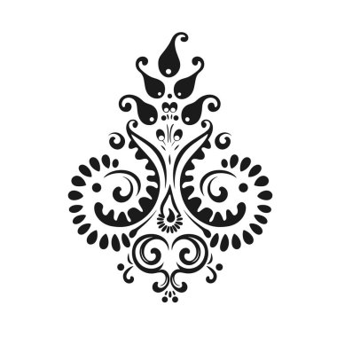 Simetrik tasarım kıvrımlar, parşömenler, desenli şekiller ve çiçekli detaylar içerir. Desen beyaz bir arkaplanda siyah olarak gösterilir.