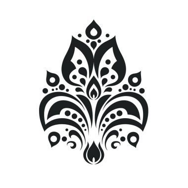 Simetrik girdapları ve şekilleri olan süslü bir çiçek tasarımı. Tasarım siyah ve beyaz arkaplanlı..