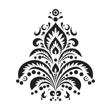 Siyah süslemeli çiçek tasarımı beyaz arka planda bulunur. Simetrik tasarım, dekoratif desende noktalar, girdaplar ve yapraklarla dolu..