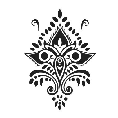 Siyah ve beyaz kıvrımlı çizgiler, noktalar ve çiçekli şekiller içeren simetrik bir tasarım. Klasik bir İtalyan şablonunu andırıyor..