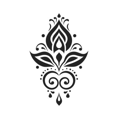 Bukleli ve noktalı soyut çiçek süsü beyaz bir arkaplan karşısında siyah olarak sunuluyor ve dekoratif bir vektör tasarımı yaratıyor..