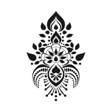 Simetrik bir çiçek dizaynında yapraklar, yapraklar ve noktalar bulunur. Boş bir alanda basit, soyut ve çekici bir süs tasarımı..