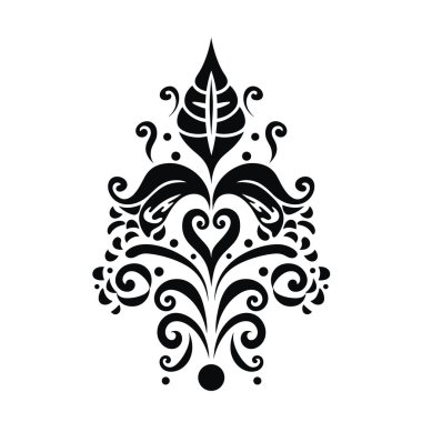 Bir grafik, siyah ve beyaz tasarım stilize yapraklar, kalpler, girdaplar ve noktalar simetrik, gelişen desen.