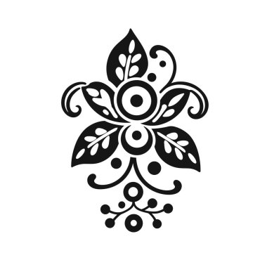 Siyah bir çiçek dizaynı simetrik desenler, yapraklar, girdaplar ve noktalar içerir. Beyaz bir arkaplanda izole edilmiş..