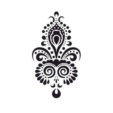 Süslü bir tasarım hassas girdaplar, noktalı desenler ve göz yaşartıcı elementlerin beyaz bir arkaplana karşı koyu siyah renkte dizilişini gösterir..