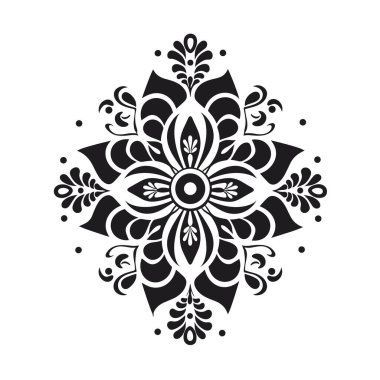 Simetrik, süslü bir çiçek tasarımı sunuluyor. Siyah ve beyaz renk düzeninde tekrarlanan desenler ve biçimlendirilmiş yapraklar içerir..