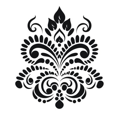 Yapraklar, girdaplar ve beyaz arka planda noktalarla karışık siyah renkli tasarım. Çeşitli yaratıcı projeler için dekoratif bir desen.