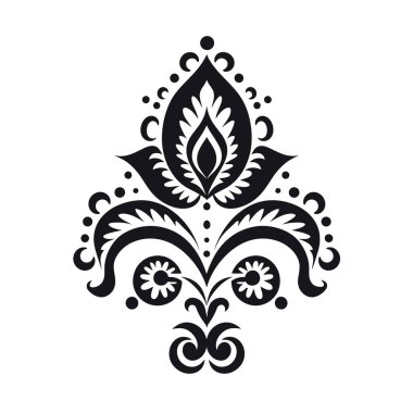 Siyah bir çiçek tasarımının yaprakları ve tomurcukları vardır. Çiçek elementi beyaz arkaplanda ve dövmeye benziyor..