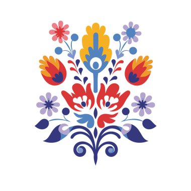 Renkli, stilize bir buket çiçek ve yapraklar kırmızı, sarı ve maviler beyaz bir arkaplanda duruyor. Tasarımın bir halk sanatı estetiği var..