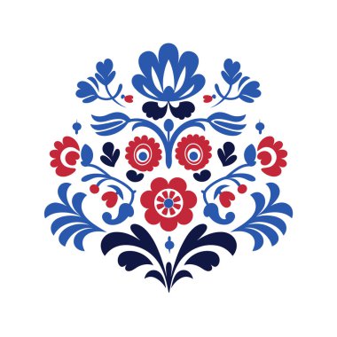 Kırmızı, mavi halk çiçekleri. Çiçeklerin, yaprakların ve botaniklerin simetrik deseni.