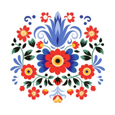 Dairesel desenli renkli bir çiçek deseni sergileniyor. Kırmızı, mavi ve sarı çiçekler ve yeşil yapraklar beyaz arkaplanı süslüyor.