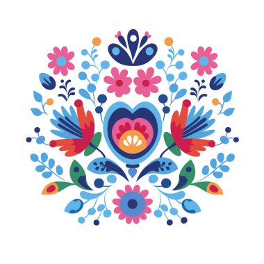 Simetrik tasarım stilize çiçekler, yapraklar, kuşlar ve kalp şeklindeki elementlerin bir düzenini gösterir..