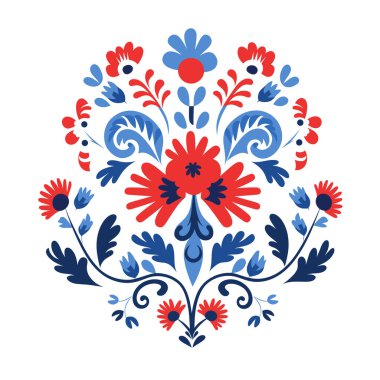 Simetrik tasarım kırmızı ve mavi çiçekler ve yapraklar içerir. Şablon, halk sanatı çağrıştıran katıksız beyaz bir zemin üzerine kuruludur..