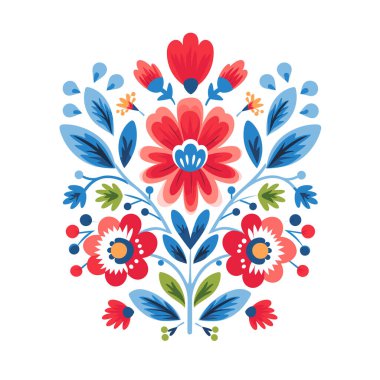 Dekoratif halk sanatında kırmızı ve mavi stilize çiçekler, yapraklar ve böğürtlenler beyaz arka planda simetrik olarak sıralanmıştır..