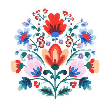 Şekil verilmiş kırmızı, mavi ve pembe çiçeklerle simetrik düzenleme, yeşil yapraklar ve kıvrımlı kökler beyaz arka planda. Halk sanatına benziyor..