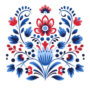 Dekoratif simetrik çiçek deseni beyaz arka planda kırmızı, beyaz ve mavi renklerle gösterilir. Çiçekler, yapraklar ve dallar var..