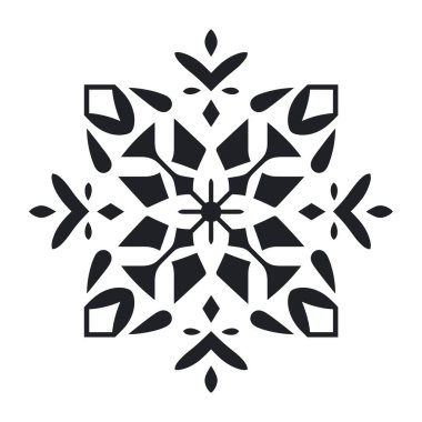 Siyah geometrik şekiller, bir kar tanesine ya da stilize çiçek desenine benzeyen simetrik bir dizaynla düzenlenmiştir. Şablon ya da grafik gibi görünüyor..