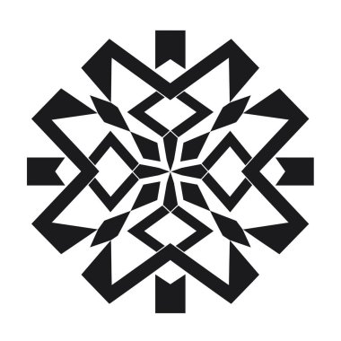 Siyah çizgiler ve şekillerden oluşan simetrik, açısal geometrik bir tasarım beyaz bir arkaplan karşısında soyut bir model yaratır..