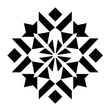 Siyah üçgenler, kareler ve dikdörtgenlerden oluşan simetrik bir kar tanesi şekli düz beyaz bir zemin üzerindedir..
