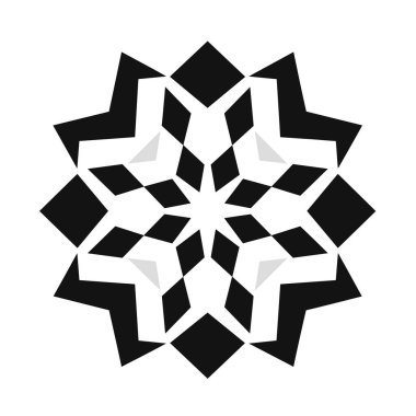Siyah beyaz elmaslar ve üçgenlerle merkezi bir noktanın etrafına dizilmiş tekrarlayan bir geometrik tasarım..