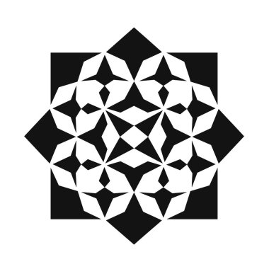 Kare karo, siyah ve beyaz olarak tekrarlayan geometrik bir tasarımı gösterir. Şablon elmaslar, yıldızlar ve üçgen şekillerden oluşur..