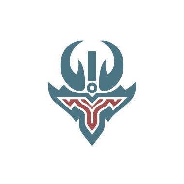 Beyaz arkaplan üzerinde yuvarlak bir aksan, ünlem işareti ve boynuz benzeri şekillerden oluşan, gök mavisi ve kırmızı renkte bir amblem sunulmaktadır..