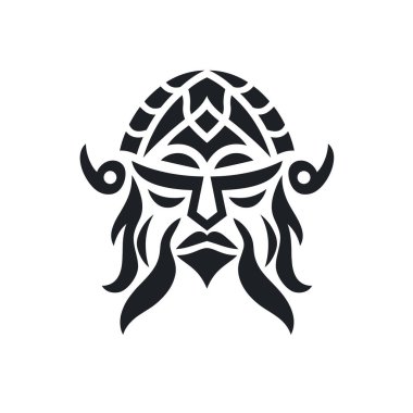 Sakallı, boynuzlu ve miğferli bir Viking yüzünün stilize bir çizimi. Tasarım beyaz arka planda siyah.