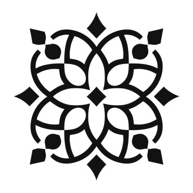 Beyaz arkaplanda tekrarlanan simetrik deseni oluşturan geometrik şekillerin süslü siyah çizimi.