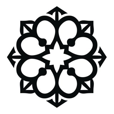 Sanatsal tasarım, beyaz arkaplanda merkezi bir yıldız şekli etrafında sıralanmış çiçek şekillerini ve ok benzeri elementleri tekrarlar..