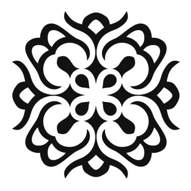 Bu çiçek şeklindeki yuvarlak bir sanatsal tasarım. Siyah ve beyazdır ve simetrik bir görünüşü vardır..