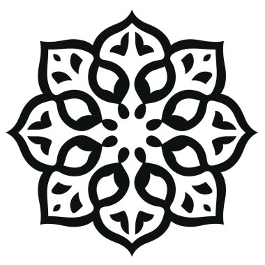 Simetrik, stilize edilmiş bir çiçek tasarımı gösterilir. Siyah tasarım, beyaz bir arka planda, mandala benzeyen altı tekrarlayan desen içerir..