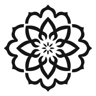 Simetrik bir tasarım sunuluyor. Beyaz arka planda siyah çizgiler kullanarak dairesel bir dizayndan oluşan tekrarlayan bir çiçek deseni..