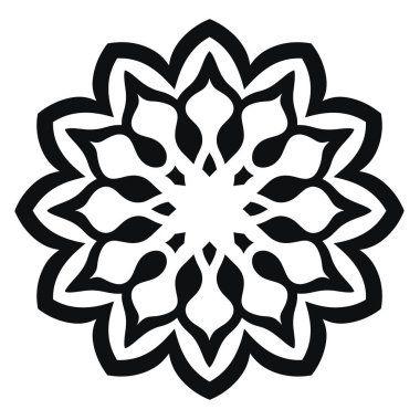 Dairesel, simetrik bir tasarım, beyaz bir arkaplana karşı merkezi bir nokta etrafında sıralanmış çiçek yapraklarına benzeyen koyu ve kalın şekiller içerir..