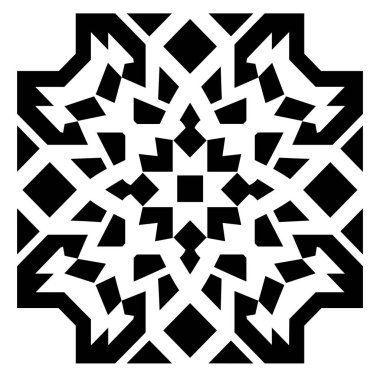 Soyut geometrik tasarım siyah ve beyaz renk düzeninde tekrarlayan yıldız ve elmas şekillerini içerir. Simetrik ve karmaşıktır..