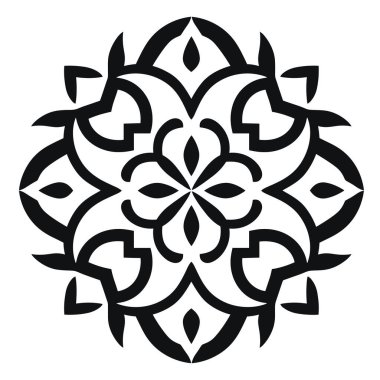 Beyaz arkaplandaki siyah şekillerin stilize edilmiş simetrik tasarımı mandala gibi süslü bir çiçek deseni yaratır..