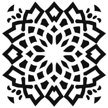 Yaprakları ve geometrik tasarımları olan soyut bir çiçek gösterilir. Şekiller beyaz merkezli bir çiçek deseni oluşturuyor..