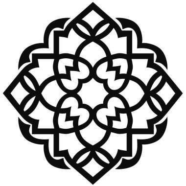 Tekrarlayan geometrik desen simetrik bir çiçek deseni yaratır. Birbirine kenetlenen şekiller beyaz arkaplanda siyah renkte oluşturulur.