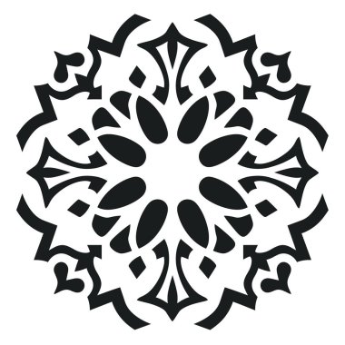 Merkezden sekiz tekrarlayan üniteden oluşan karmaşık ve simetrik bir desen yayılıyor. Siyah tasarım beyaz arka planda izole edilmiştir..