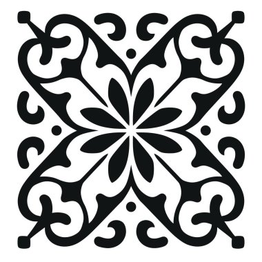 Merkezde çiçekli bir şekil sergilenen kare karo, merkezden uzanan kavisli, süslemeli desenler. Beyaz arka planda siyah..