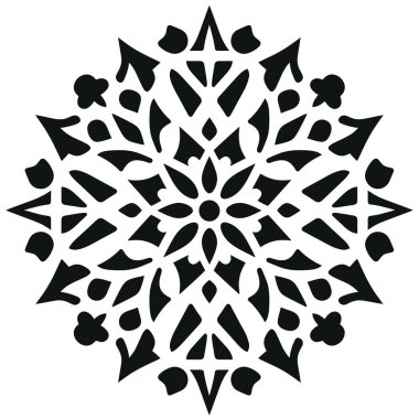 Süslü bir tasarım gösterilir. Siyah desen çiçekli ve geometrik. Karmaşık bir kar tanesinin beyaz bir arkaplanı andırıyor..