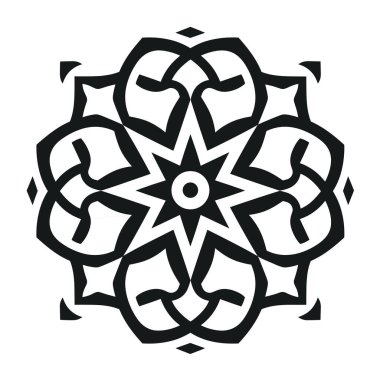 Tekrar eden eğrilerle çevrili merkezi bir yıldız şeklini içeren karmaşık bir geometrik tasarım. Eserler siyah beyaz olarak sunuluyor..