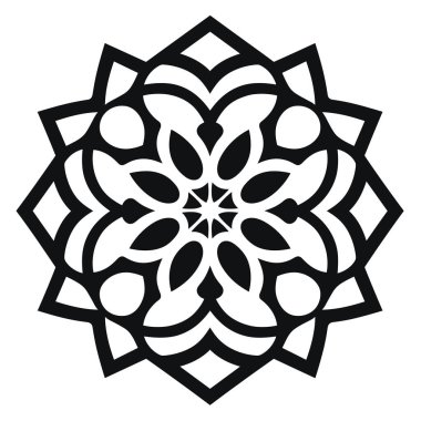 Detaylı bir çiçek deseni bir yıldız patlaması merkezi ve birbirine kenetlenmiş karmaşık geometrik şekillerle ortaya çıkar. Grafik tasarımı siyah beyaz.