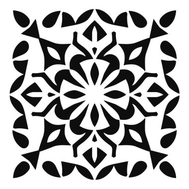 Simetrik bir dizayn, soyut şekilli çiçeklerden esinlenilmiş bir desen gösteriyor. Tasarımın beyaz arkaplanda siyah şekilleri var..