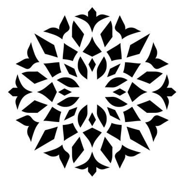 Siyah beyaz simetrik bir geometrik tasarım. Yuvarlak bir şekli var, çiçek ya da kar tanesi olabilir..