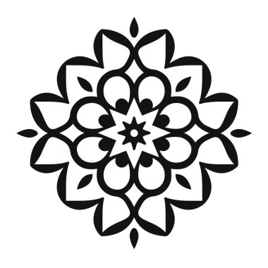 Merkezi bir yıldızdan yayılan simetrik, stilize bir çiçek tasarımı. Grafik beyaz arkaplana karşı siyah ve dekoratif..