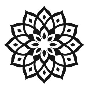 Dairesel çiçek dizaynı, beyaz arkaplana karşı simetrik bir mandala deseni oluşturan alternatif siyah ve beyaz parçalarla gösterilir..