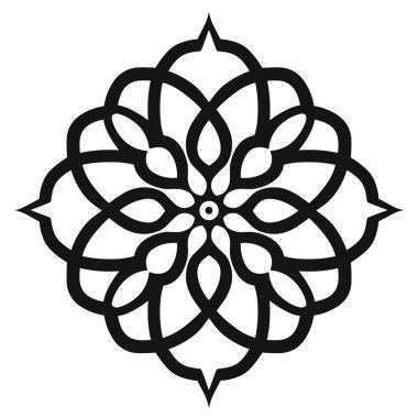 Beyaz arkaplanda birbirine geçmiş siyah çizgilerden oluşan simetrik bir çiçek deseni belirir..