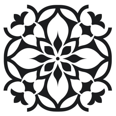 Simetrik bir dizayn yapraklı ve çiçek şekilli bir çiçek deseni gösteriyor. Yuvarlak kenarlı siyah beyaz gösteriliyor..